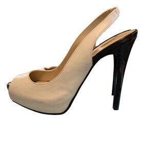 Guess Women's Slingback Heels Beige Black Peep Toe 5-Inch‎ Stilettos Sz 7M Y2K